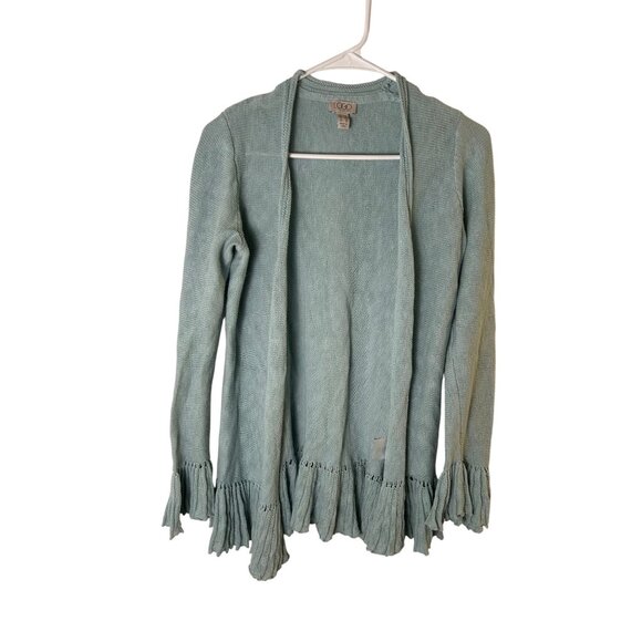 Lori Goldstein Logo XS Ruffled Hem Cardigan Open Front Aqua Green Lightweight Kn - Picture 1 of 7